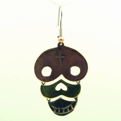Tri-Metal Swinging 3 Parts Skull Earrings (Copper, Brass & A