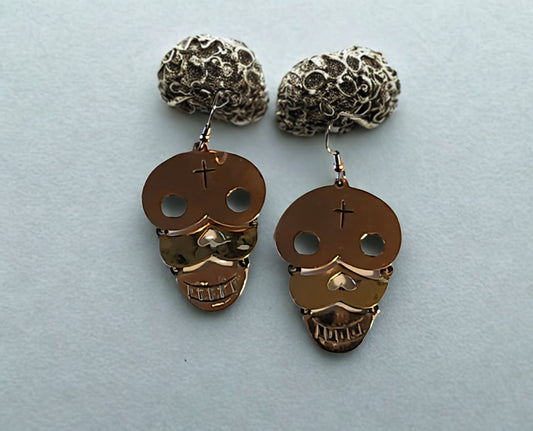 Tri-Metal Swinging 3 Parts Skull Earrings (Copper, Brass & A